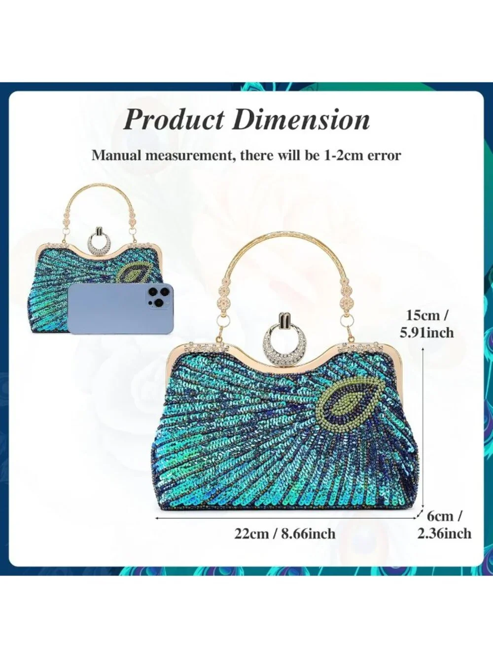 Vintage Beaded Sequin Peacock Clutch Purse - Green & Blue Evening Handbag for